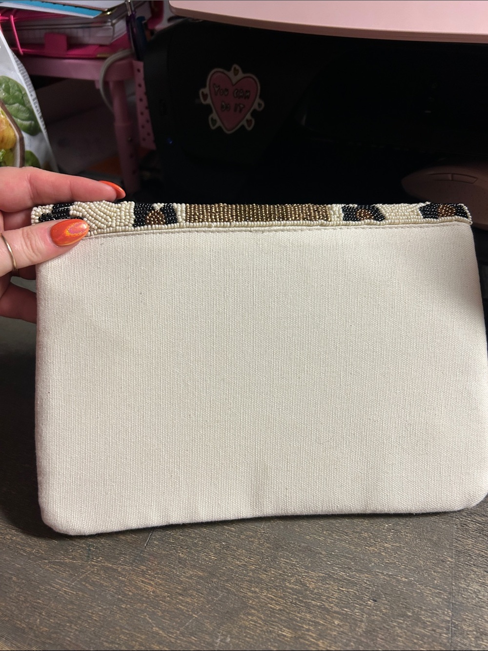 White Leopard Queen Bee Beaded Envelope Clutch features a distinct golden bee - Picture 4 of 5